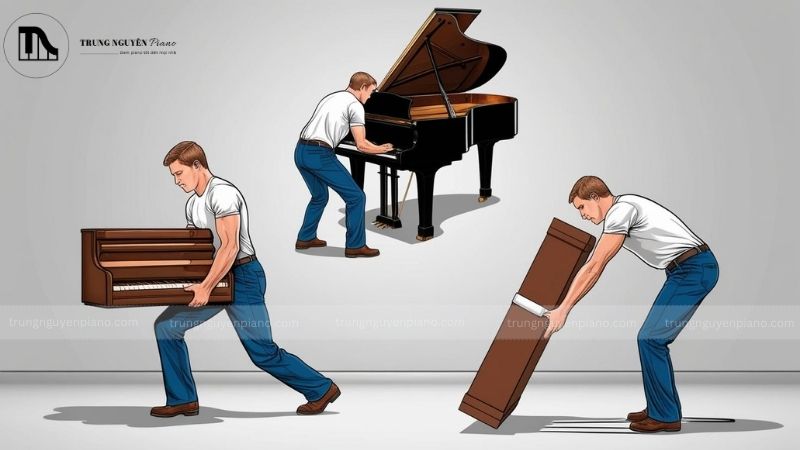 Các tư thế vận chuyển sai_ Cúi gập người khi nâng đàn, không sử dụng đai hỗ trợ