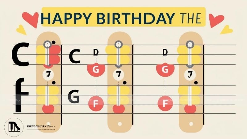 Hướng dẫn đánh đàn piano bài Happy Birthday đơn giản 5 Hợp âm sử dụng trong bài Happy Birthday (C, G, F) và sơ đồ bấm
