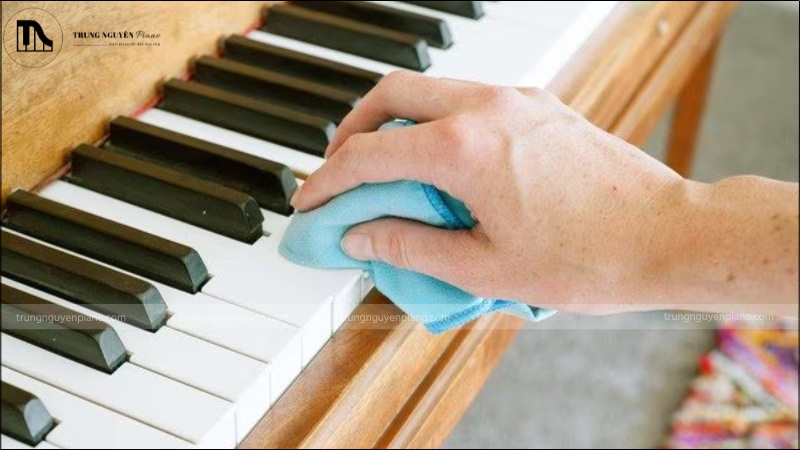 Dùng khăn mềm khô lau sạch bụi bẩn trên bề mặt phím đàn