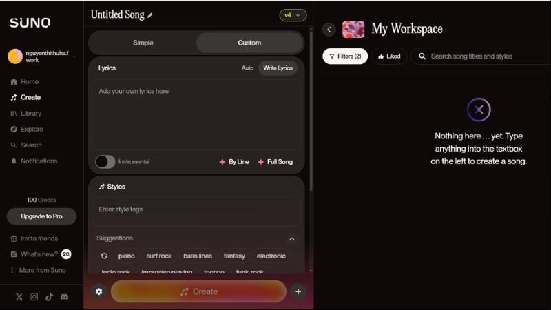 AI tạo nhạc 2024: Hướng dẫn chi tiết & top công cụ tốt nhất 6 Giao diện Suno với ô "Lyrics"