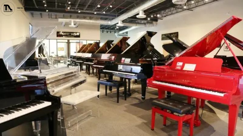 Không gian trưng bày của một cửa hàng piano sáng sủa