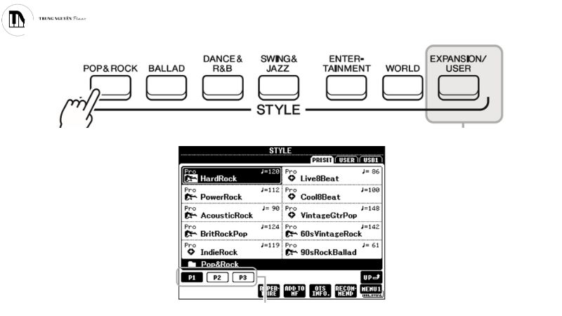Giao diện chọn Style trên đàn organ