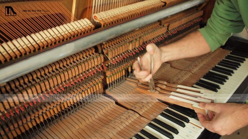 Các phụ kiện bảo quản đàn như ống sấy cắm trong đàn piano cơ và máy hút ẩm đặt gần đànCác phụ kiện bảo quản đàn như ống sấy cắm trong đàn piano cơ và máy hút ẩm đặt gần đàn