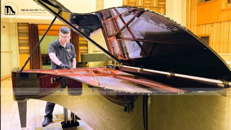 Nhân viên đang kiểm tra kỹ lưỡng một cây đàn piano mới tại showroom