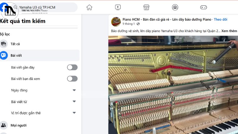 Màn hình tìm kiếm trên diễn đàn/Facebook với từ khóa chi tiết "Yamaha U3 cũ TP.HCM"