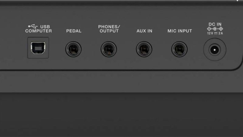 Vị trí cổng cắm tai nghe phổ biến trên đàn organ với ký hiệu “PHONES”