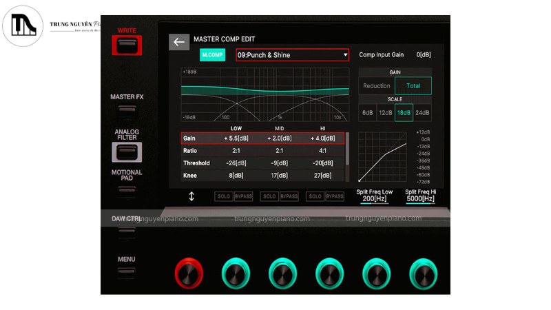 Mặt điều khiển của một synth analog với nhiều nút vặn và một synth digital có màn hình LCD