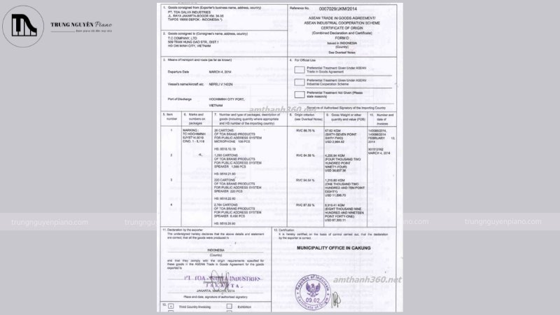 Mẫu giấy chứng nhận CO/CQ của thương hiệu piano Yamaha