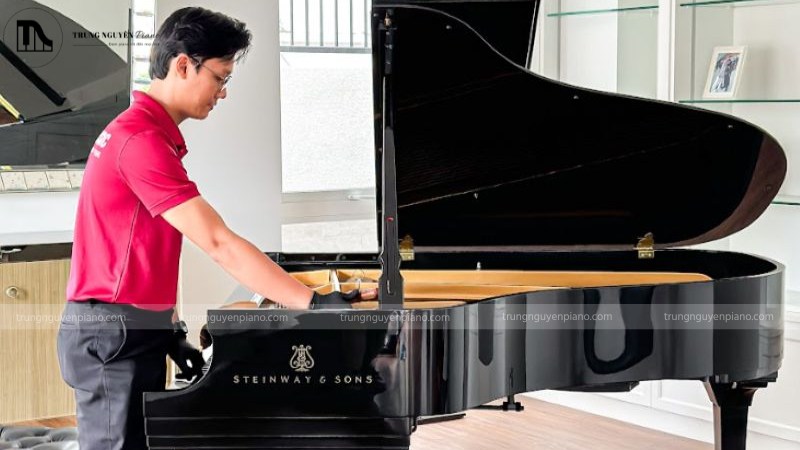 Một kỹ thuật viên piano đang cẩn thận kiểm tra các phím đàn của một cây piano upright