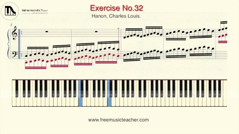 Trang sách bài tập piano với các bài luyện ngón của Hanon hoặc Czerny