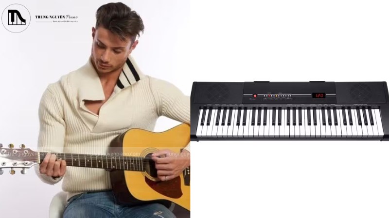 Cây đàn guitar cho người thuận tay trái và một bàn phím piano tiêu chuẩn