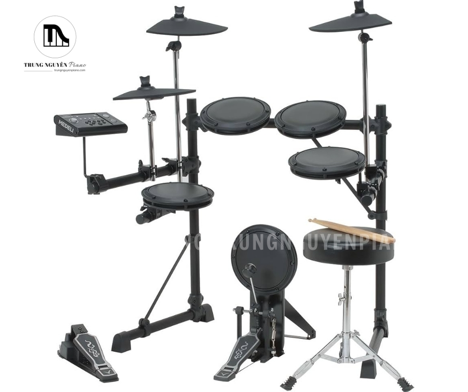 Trống Điện Medeli DD502J có bố cục các pad trống và cymbal được sắp xếp hợp lý, mô phỏng theo một bộ trống acoustic