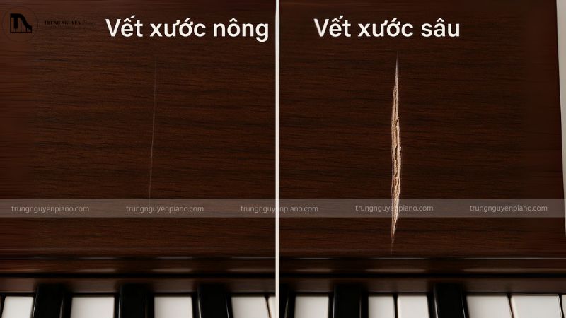 Vết xước nông và vết xước sâu trên bề mặt gỗ đàn piano