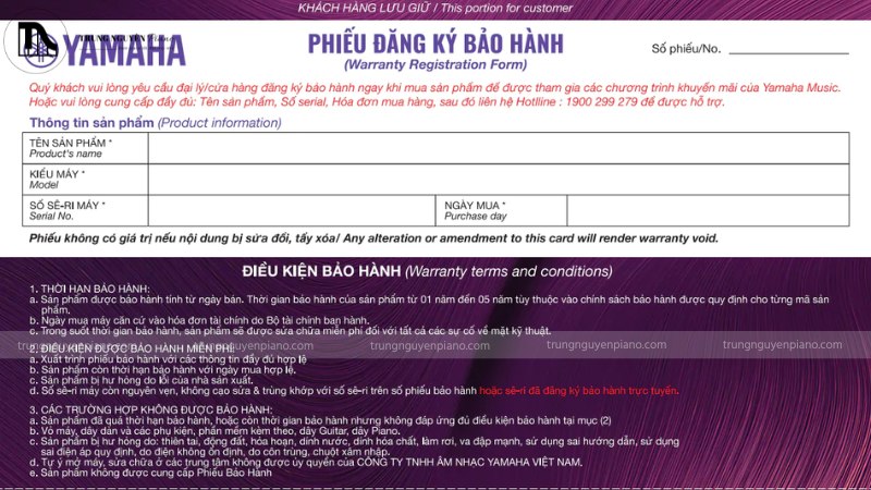 Chính sách hỗ trợ kỹ thuật piano thiết yếu giúp bạn an tâm 2 Phiếu bảo hành đàn piano chính hãng với logo Yamaha