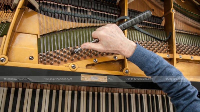 Chính sách hỗ trợ kỹ thuật piano thiết yếu giúp bạn an tâm 3 Kỹ thuật viên đang sử dụng dụng cụ chuyên dụng để lên dây đàn piano cơ