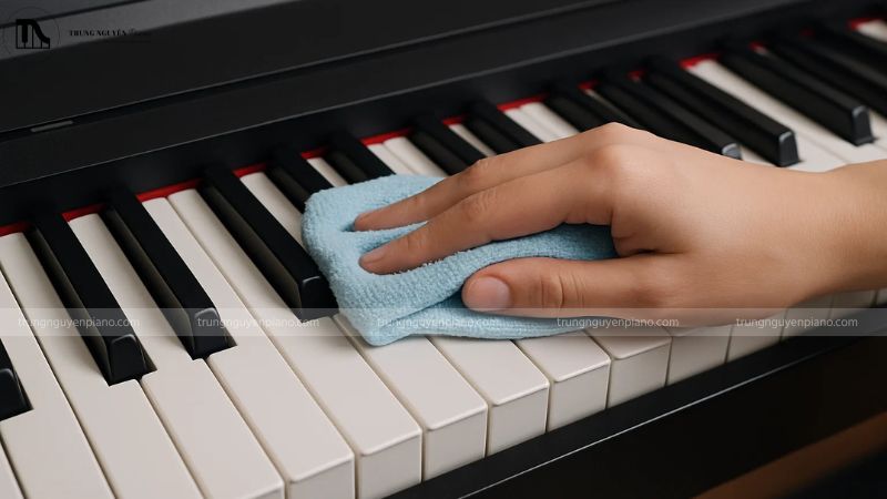 Dùng khăn microfiber ẩm nhẹ để lau sạch bề mặt phím đàn piano điện