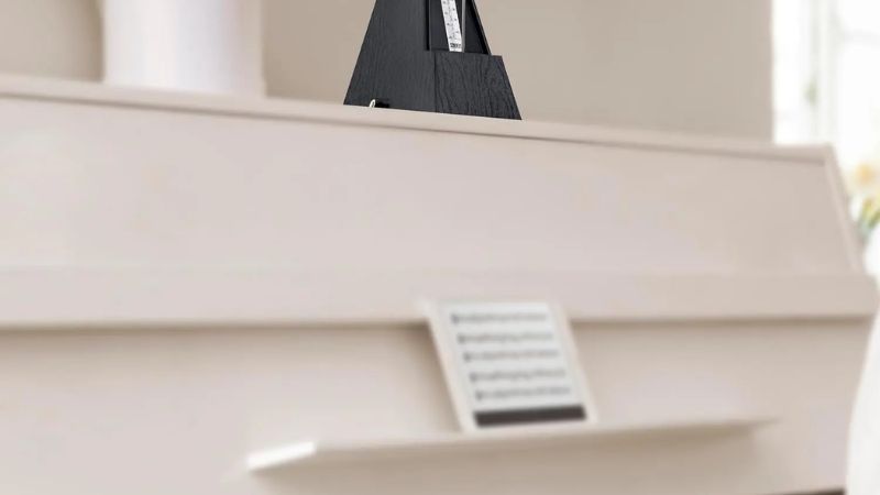 Học viên tập piano chậm rãi với máy đếm nhịp để giữ đúng nhịp độ