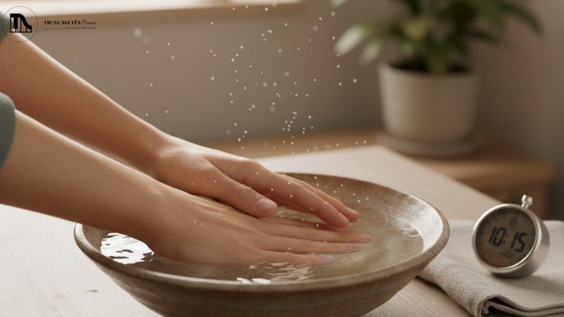 Cách bấm dây đàn guitar không đau tay: Hướng dẫn kỹ thuật từ A-Z 3 Ngâm tay trong nước muối ấm giúp làm dịu và phục hồi vết đau rát ở đầu ngón