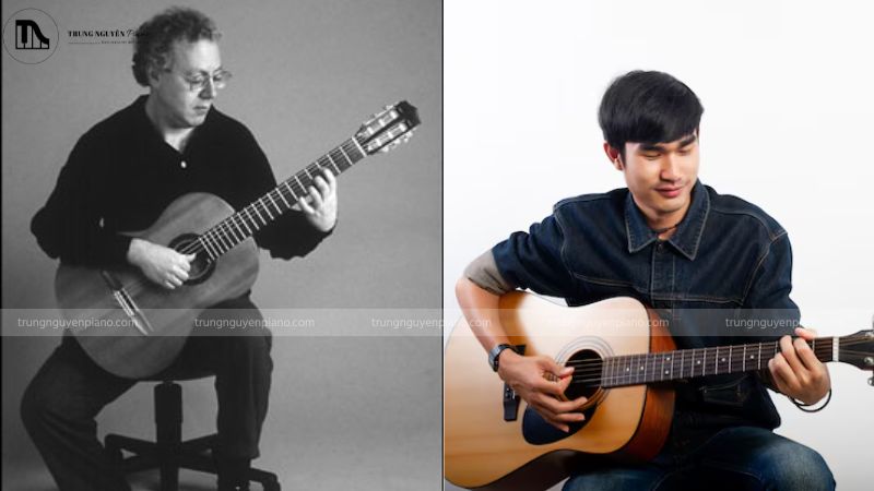 Tư thế Classic với ghế kê chân trái và tư thế đệm hát đặt đàn trên đùi phải