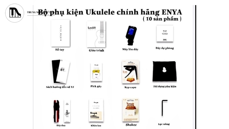 Một bộ combo phụ kiện ukulele bao gồm bao đàn, tuner, dây và capo