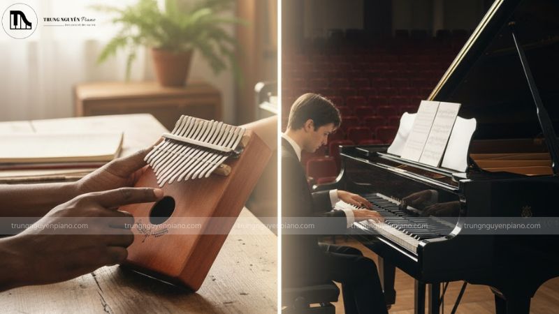 Kalimba thích hợp chơi giai điệu đơn, còn Piano cho phép thể hiện hòa âm và phức điệu đa dạng