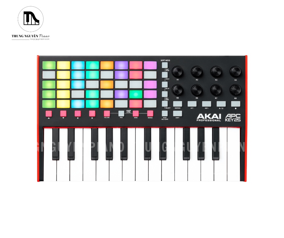 Toàn cảnh Akai APC KEY 25 MK2 với thiết kế nhỏ gọn, tích hợp bàn phím 25 phím và pad RGB