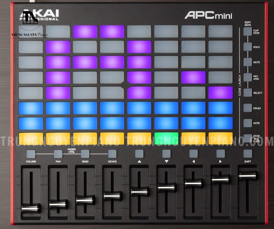 Toàn cảnh giao diện điều khiển của Akai APC Mini MK2 với pad RGB và fader bố trí khoa học