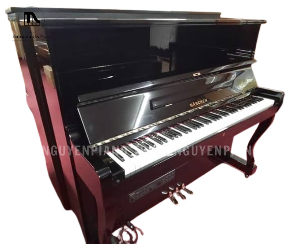 Đàn piano upright Marchen MS26E thiết kế chân cong cổ điển màu đen bóng