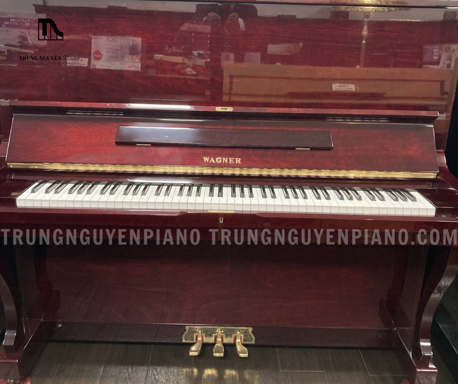 Mặt trước đàn với lớp sơn vân gỗ bóng, tạo cảm giác sang trọng và ấm áp