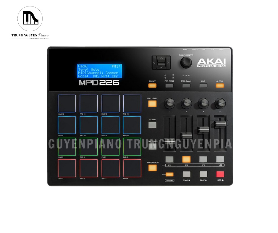 Thiết kế tổng thể Akai MPD226 với màn hình LCD, 16 pad MPC RGB và hệ thống điều khiển