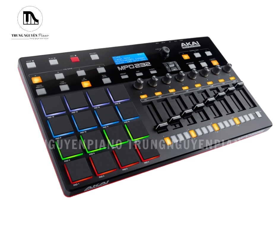 MIDI Pad Controller Akai MPD232 9 Akai MPD232 hiển thị rõ màn hình LCD, pad bank và step sequencer 32 bước