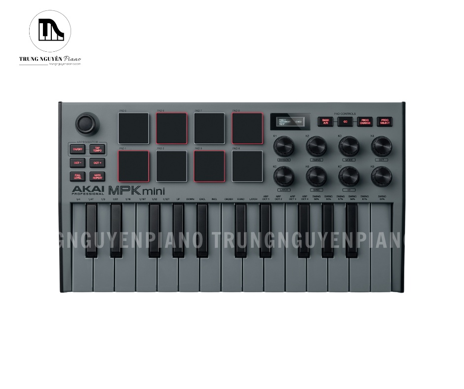 Tổng quan thiết kế hiện đại của Akai MPK Mini MK3 Grey với bàn phím Gen 2 mượt mà và joystick 4 chiều linh hoạt
