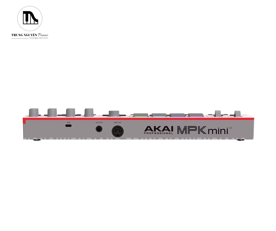 MPK Mini MK4 Grey trang bị cổng USB-C, MIDI Out 5-pin và cổng pedal sustain, đáp ứng linh hoạt nhu cầu kết nối hiện đại