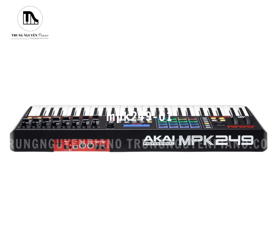 Mặt sau Akai MPK249 với cổng USB, MIDI In/Out và pedal, hỗ trợ kết nối linh hoạt đa thiết bị