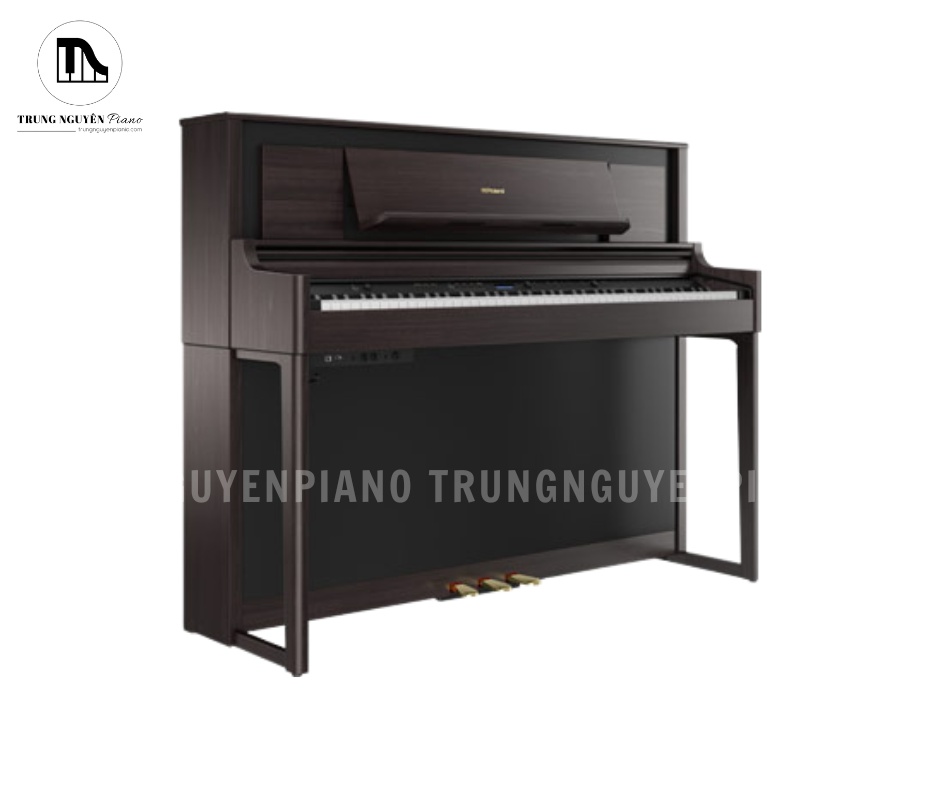 Mặt trước Roland LX706 với bố cục cân đối, hệ 3 pedal chuẩn piano cơ cho cảm giác chơi tự nhiên