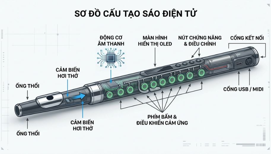 Cách hoạt động sáo điện tử như thế nào? Giải thích chi tiết cho người mới 3 Các bộ phận chính quyết định cách sáo điện tử vận hành và tạo âm
