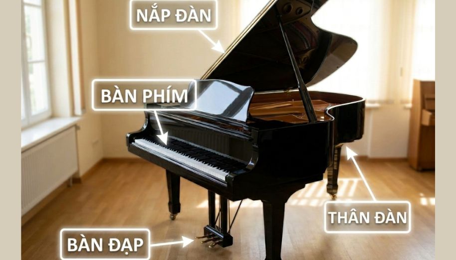 Grand piano có cấu trúc cơ bản gồm nắp đàn, phím đàn, pedal, thân đàn