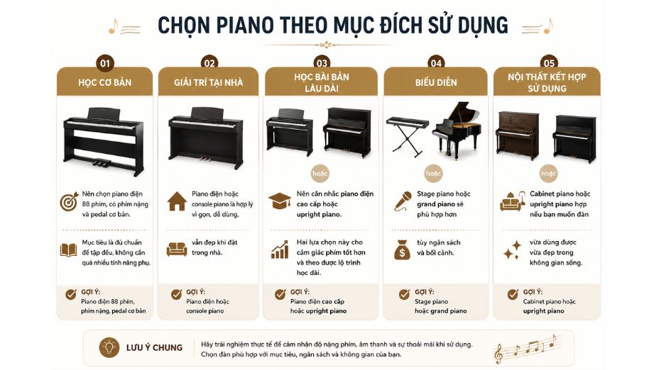Bảng mục đích sử dụng và loại đàn piano phù hợp