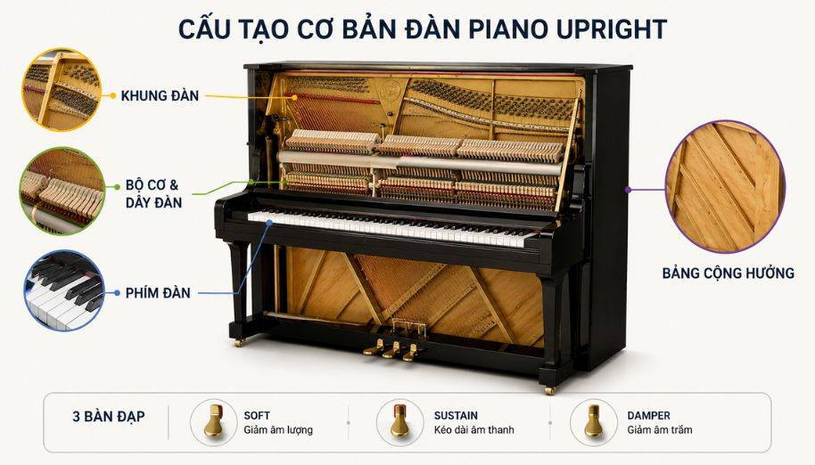 Cấu tạo cơ bản của Piano Upright cần biết trước khi chọn mua